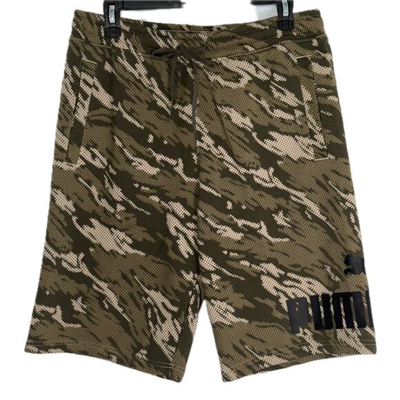 Puma Big Logo Fleece Camo 11" Shorts Drawstring Pockets Green Mens Size Medium - Picture 8 of 9